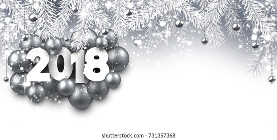 Banner de Año Nuevo 2018 con bolas de Navidad plateadas. Ilustración vectorial.