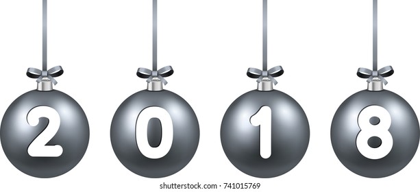 Banner de Año Nuevo 2018 con bolas de Navidad plateadas en 3d. Ilustración vectorial.