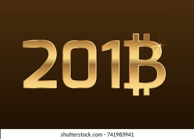 2018 New Year with Bitcoin BTC sign symbol. Future of decentralized digital crypto currency. Blockchain technology innovation. What happens to Bitcoin in 2018. Golden on brown background.