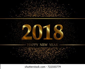 2018 New Year Black background with gold glitter confetti. Festive premium design template for holiday greeting card