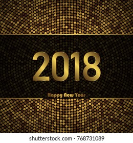 2018 New Year Black background with gold disco lights frame. Festive premium design template for holiday greeting card