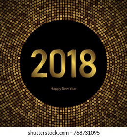 2018 New Year Black background with gold disco lights frame. Festive premium design template for holiday greeting card