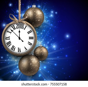 2018 New Year blue background with clock and balls. Vector illustration.