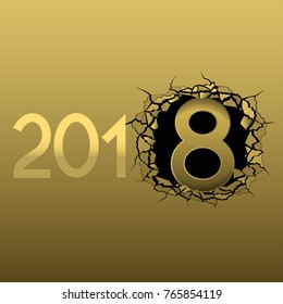 2018 New Year. Broken golden metal background. Texture with hole, cracks, number eight and broken pieces