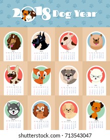 2018 new year calendar with cute and funny puppy dogs chinese symbol vector template. Calendar 2018 year of dog, funny puppy illustration