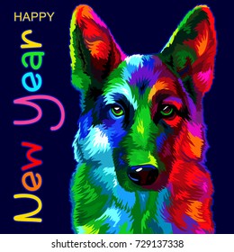 2018 new year calendar design Colorful dogs silhouette. Dog is symbol of the Chinese New year calendar.  Dog on a blue background. Vector illustration. isolated images pets dressed in Christmas attire