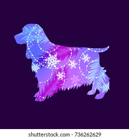 2018 New Year calendar design. Year of the Dog in the Chinese calendar. Silhouette of a dog with snowflakes.