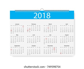 2018 New Year Calendar. Holiday event planner,Week Starts Sunday