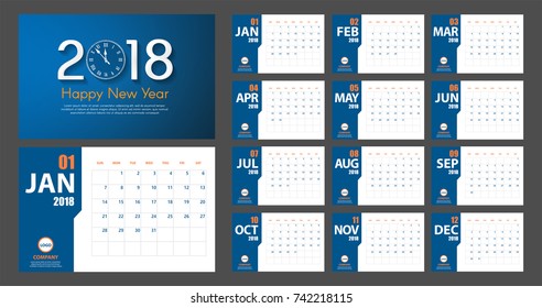 2018 New Year calendar simple modern style. Blue and orange. Event planner. All size. Vector illustration