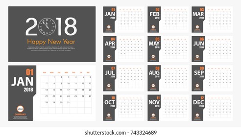 2018 New Year calendar simple modern style. Grey and orange. Event planner. All size. Vector illustration