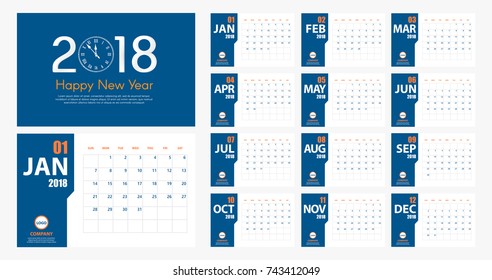 2018 New Year calendar simple modern style. Blue and orange. Event planner. All size. Vector illustration
