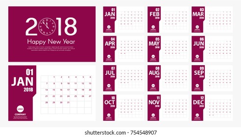 2018 New Year calendar simple modern style. Pink and white. Event planner. All size. Vector illustration