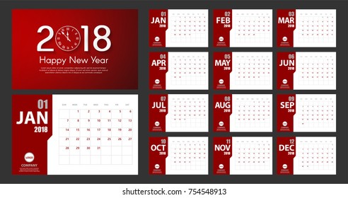 2018 New Year calendar simple modern style. Red and white. Event planner. All size. Vector illustration