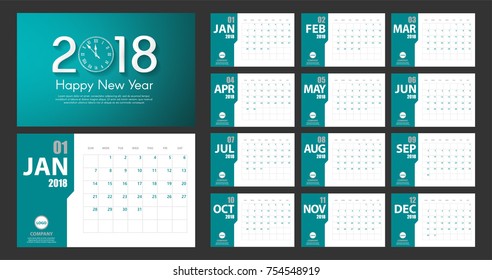 2018 New Year calendar simple modern style. Turquoise and white. Event planner. All size. Vector illustration