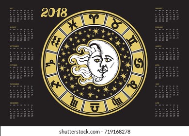 2018 new year Calendar.Horoscope Circle with Zodiac sign.Constellation,stars ,astrology symbols,moon,sun.Black background,gold silhouette.Holiday Vector  Illustration. 
