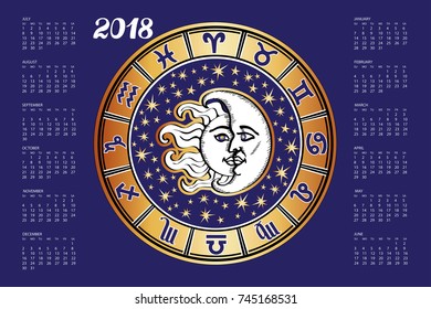 2018 new year Calendar.Horoscope Circle with Zodiac sign.Constellation,stars ,astrology symbols,moon,sun.Blue  background,gold silhouette.Holiday Vector  Illustration. 
