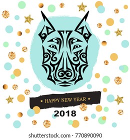 2018 New Year card with black doberman dog's head stylized Maori face tattoo. Template with blue&golden circles and stars. Card for party invitation, fashion shop, tattoo studio. Postcard motive.