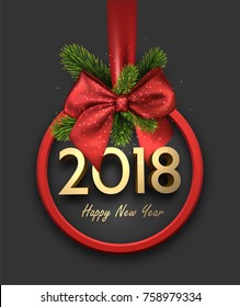 2018 New Year card with Chriatmas ball and red bow. Vector illustration.