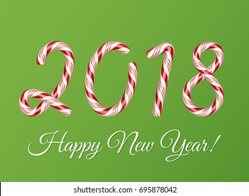 2018 New year card. Christmas Candy cane text effect. Creative colorful lettering. Striped sugar digits. Holiday vector illustration on a green background. Flyer, poster template for celebration