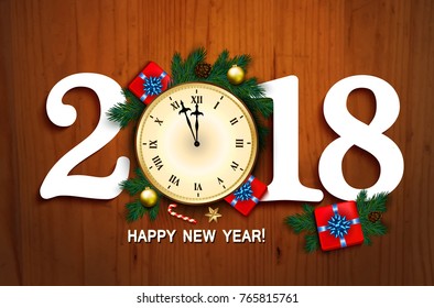 2018 New Year card  with clock, gift box, candy cane, pine branches decorated, gold stars and bubbles on wood background. Vector illustration
