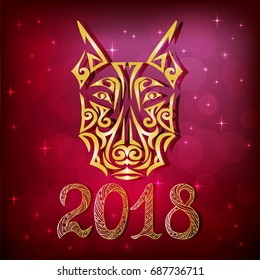 2018 New Year card with doberman dog head stylized Maori face tattoo. Symbol of chinese 2018 New Year. Isolated on red background. Vector.