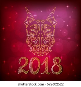 2018 New Year card with doberman dog head contour stylized Maori face tattoo. Symbol of chinese 2018 New Year. Isolated on red background. Vector.