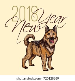 2018 New year card with hand drawn Dog. Celebrate card vector design with handdrawn calligraphy inscription