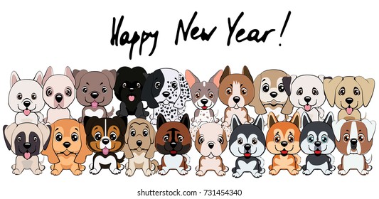 2018 new year card is Happy New Year with Different type of cartoon dogs