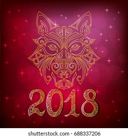 2018 New Year card with wolf or husky dog head stylized Maori face tattoo. Symbol of chinese New Year. Isolated on red background. Space Husky dog. Vector.