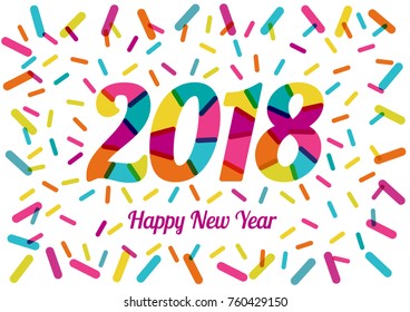 2018 New Year with cheerful colors and colored decorative shapes. Mixed flat colors. For design of posters, invitations, cards, brochures and calendars. Vector template