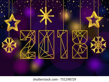2018 New Year and Christmas retro banner in 80s style. Promotional card or poster with gold 3d hanging ornaments numbers, snowflakes, stars. Greeting and invitation party card. Vector illustration. 