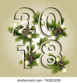 2018 New Year coniferous design with glowing garland. Vector holiday card.