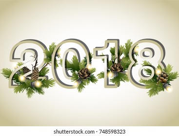 2018 New Year coniferous design with glowing garland. Vector holiday card.