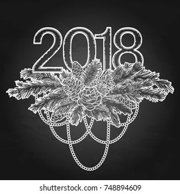 2018 New Year coniferous design. Vector card isolated on the chalkboard