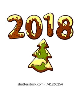 2018, New Year cookie design with Xmas tree, sketch vector illustration on white background, New Year greeting card with gingerbread Christmas tree, vector illustration isolated on white background