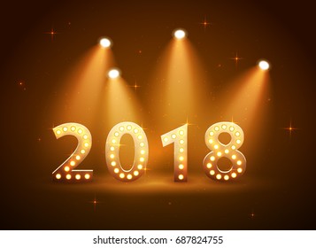 the 2018 New Year Count Symbol with Light Bulbs and Spotlights, vector