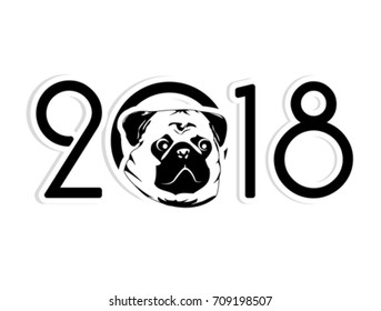 2018 New Year creative background design with pug-dog for your greeting card. Chinese calendar. Year of dog. pug logo design