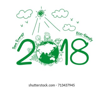 Año nuevo 2018 en dibujo creativo tecnologías ecológicas y ecológicas, ahorro de energía, reciclaje ecológico. Diseño de plantilla de diseño de ilustración de vector