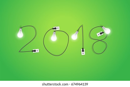 Año nuevo 2018 con diseño creativo de bombilla de luz, ilustración vectorial