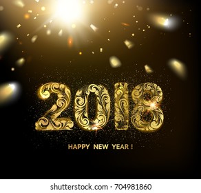 2018 New year dark background. Calendar label with fallen golden glitter confetti. Holiday design template for invitation or greeting card.
