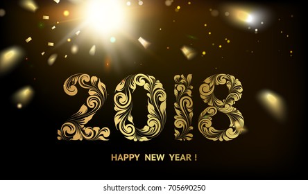 2018 New year dark background. Calendar label with fallen golden glitter confetti. Holiday design template for invitation or greeting card.