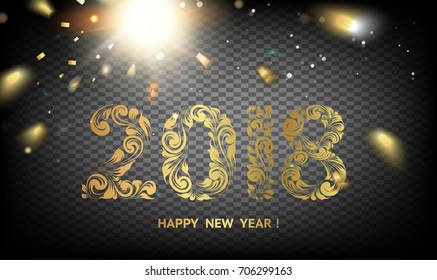2018 New year dark background. Calendar label with golden confetti. Holiday design template for invitation or greeting card. Vector illustration contains transparent layers.