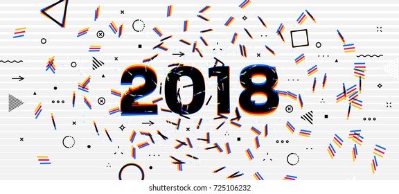 2018 New Year design with 3d anaglyph effect and geometric elements | Vector illustration
