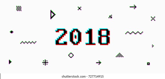2018 New Year design with 3d anaglyph effect and geometric elements | Vector illustration