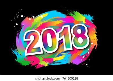 2018 New Year design on black background of colorful ink paint element for presentations, flyers, leaflets, postcards and posters.