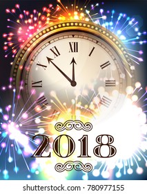 2018 New Year fireworks midnight shining background with clock. Blur flare banner with watch. Vector stock illustration.