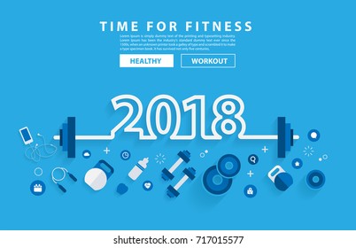 2018 new year fitness concept workout with equipment. Vector illustration modern layout template flat design 