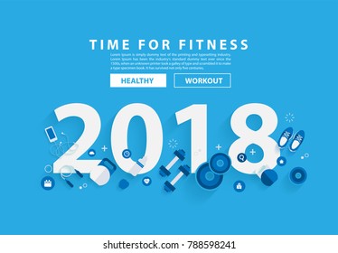 2018 new year fitness concept workout with equipment. Vector illustration modern layout template flat design 