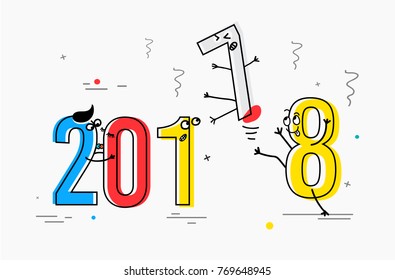 2018 New Year flat line design concept for greeting card and banner. Funny cartoon interpretation to the outgoing 2017 vector illustration isolated on white background