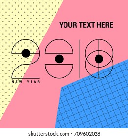 2018 New Year futuristic vector illustration with patterns and color blocks. Christmas banner template. 2018 New Year square greeting card for social media. New Year background. Winter celebration